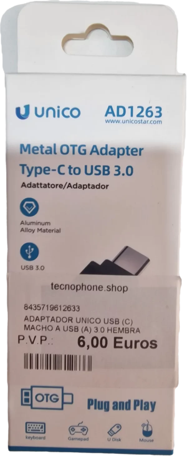 ADAPTADOR UNICO USB (C) MACHO A USB (A) 3.0 HEMBRA