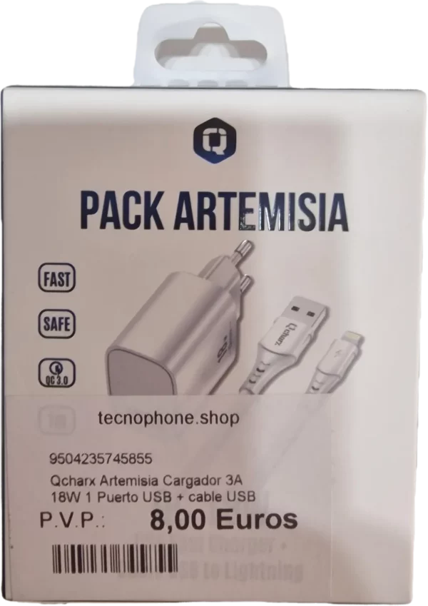 QCHARX ARTEMISIA CARGADOR 3A 18W 1 PUERTO USB + CABLE USB LIGHTNING BLANCO