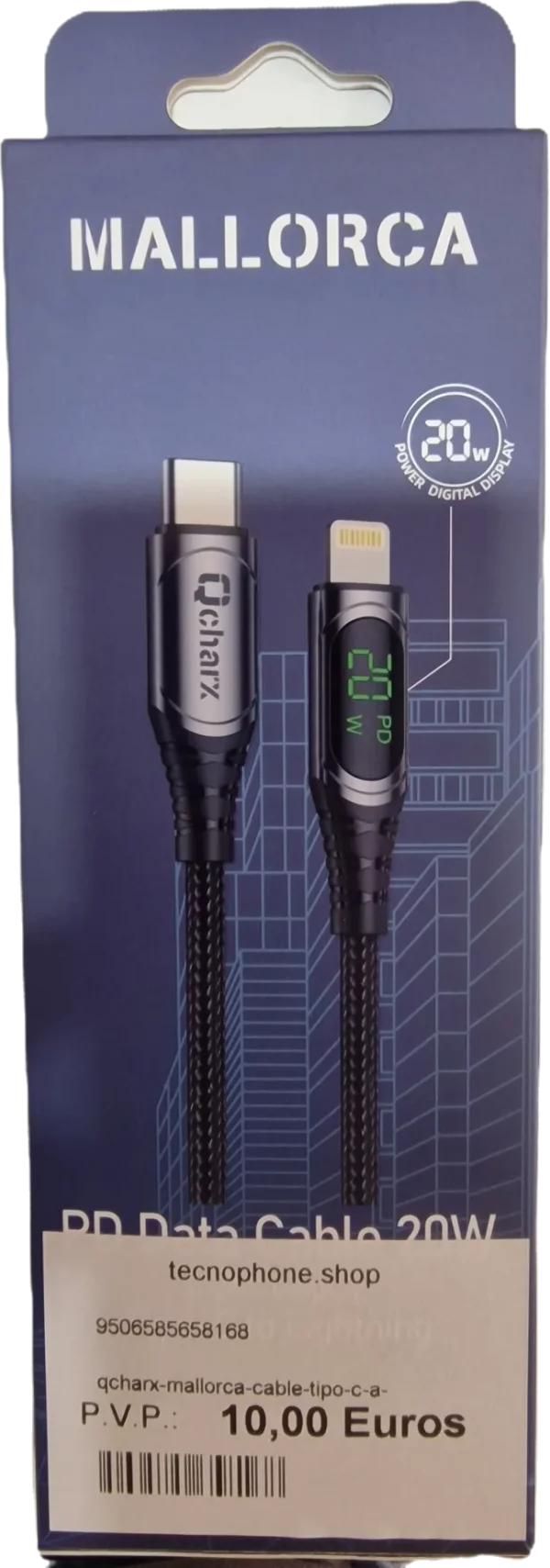 QCHARX MALLORCA CABLE-TIPO-C-A-LIGHTNING 3A 20W 1M ALEACION DE ALUMINIO NEGRO CABLE TELA DIGITAL