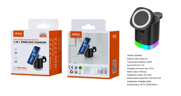 TA0439 NE CARGADOR INALAMBRICO 3 EN 1 (MOVIL 15W/AIRPODS 3W/IWATCH 2W), CON CABLE TYPE-C 9V/2A, NEGR