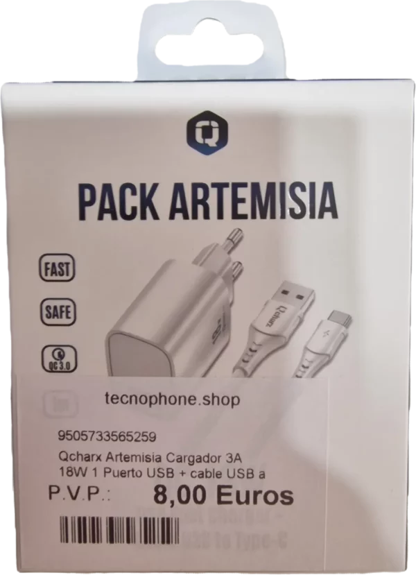 Qcharx Artemisia Cargador 3A 18W 1 Puerto USB + cable USB a Tipo C Blanco