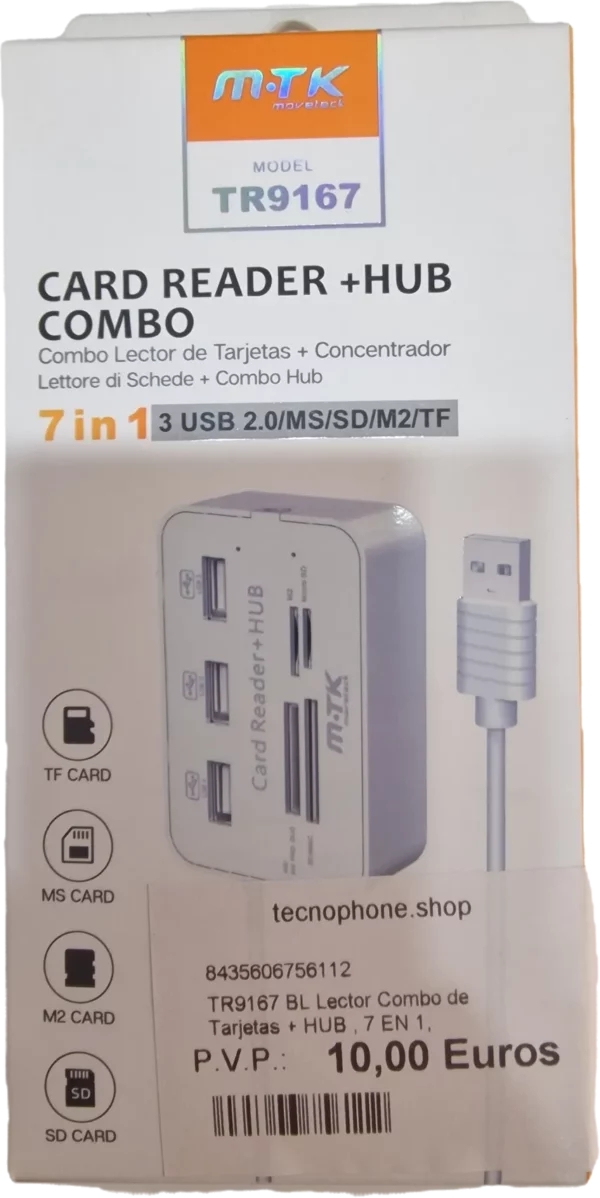 TR9167 BL LECTOR COMBO DE TARJETAS + HUB , 7 EN 1, COMPATIBLE SD/TF/MS/M2,BLANCO