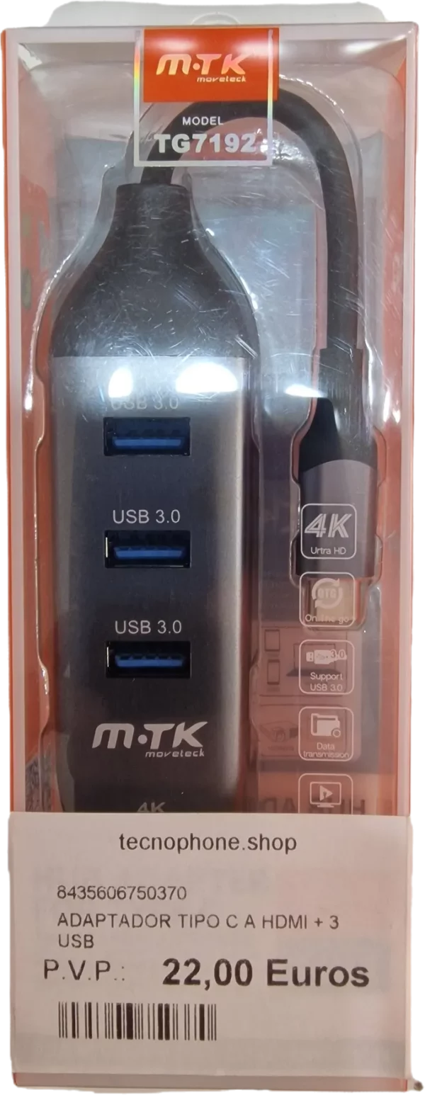 MTK ADAPTADOR TIPO-C/M A HDMI/H 4K + HUB 3XUSB 3.0 TG7192