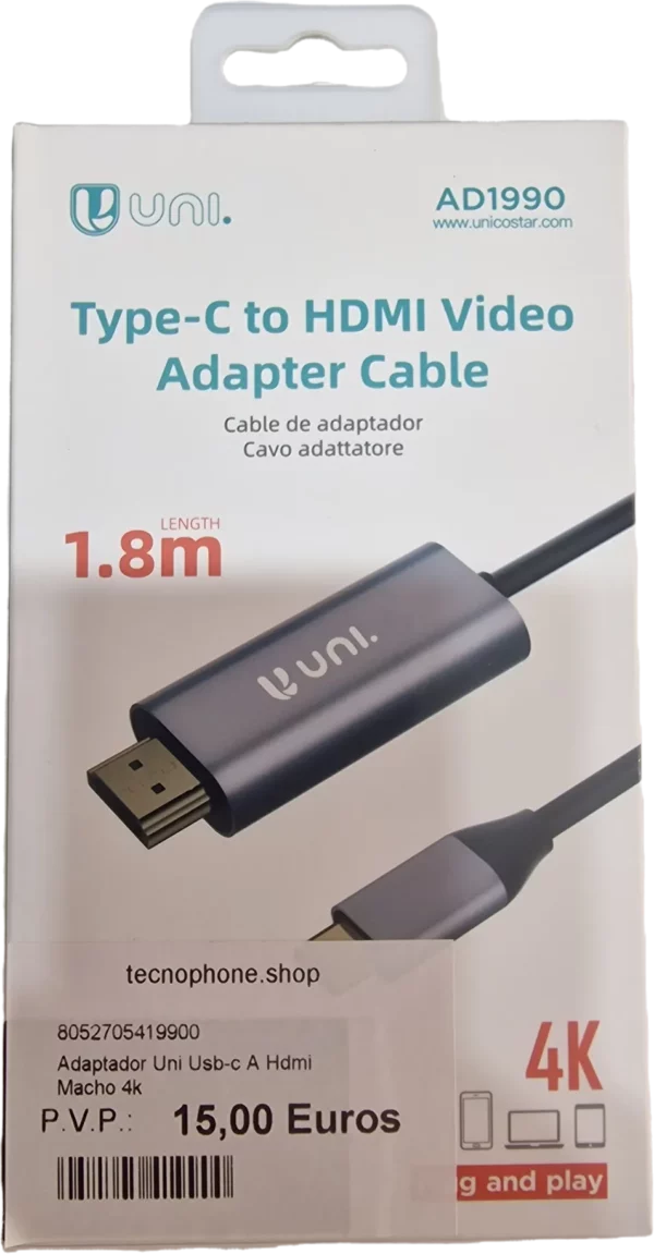 ADAPTADOR USB CA HDMI MACHO UNI 4K