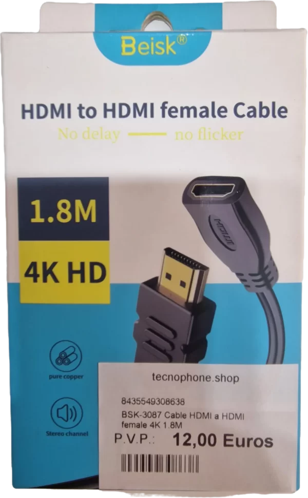 BSK-3087 CABLE HDMI A HDMI FEMALE 4K 1.8M