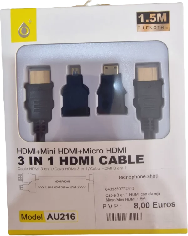 23410172 AU216 CABLE 3 EN 1 HDMI CON CLAVEJA MICRO/MINI HDMI 1.5M