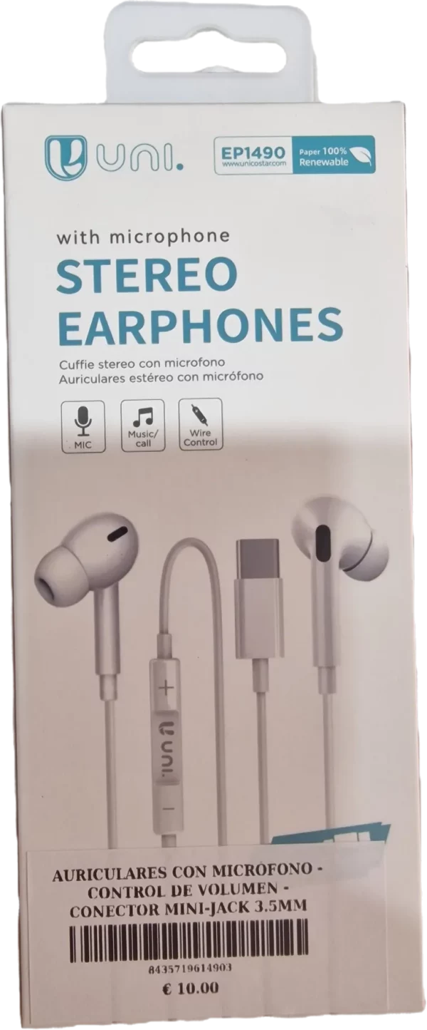 AURICULARES CON MICRÓFONO – CONTROL DE VOLUMEN – CONECTOR MINI-JACK 3.5MM